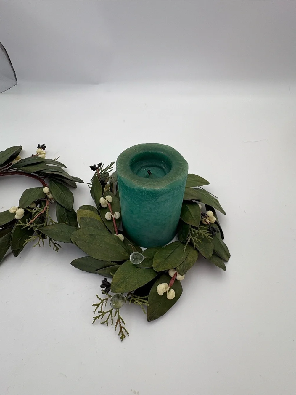 Green Leaf and White Berry Decorative Candle Wreath Duo